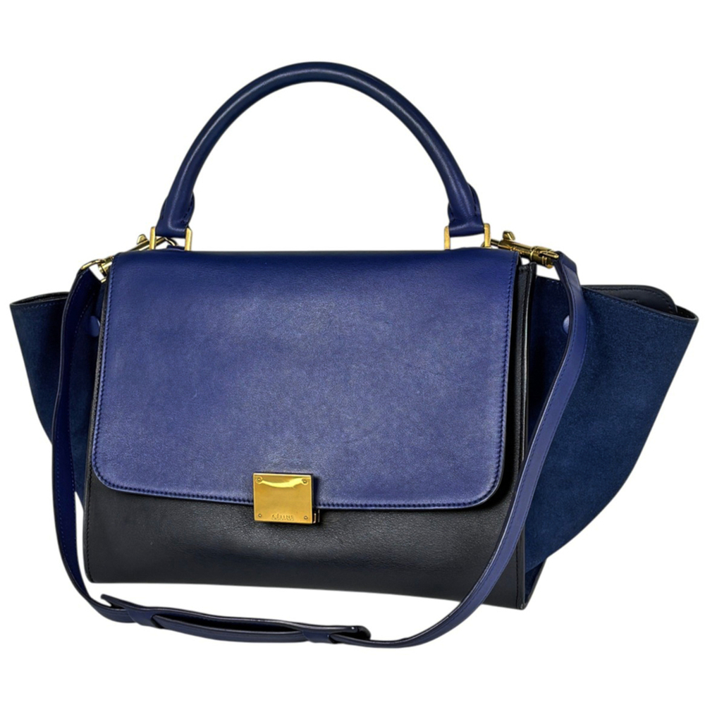Celine CELINE Trapeze 2-Way Leather Handbag, Navy Blue, Women's